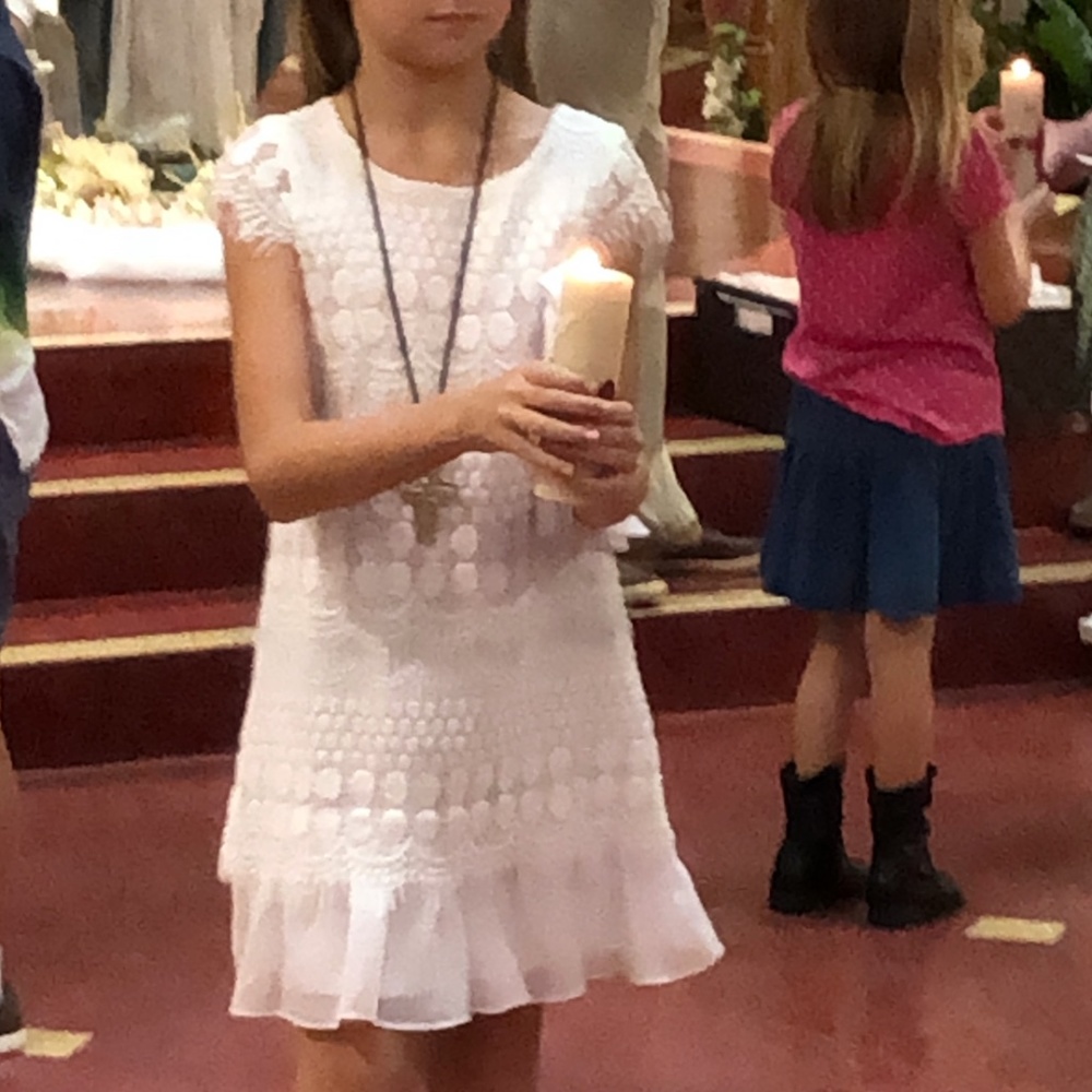 Lavender White Crochet Cap Sleeve Tulle Hem Dress EUC